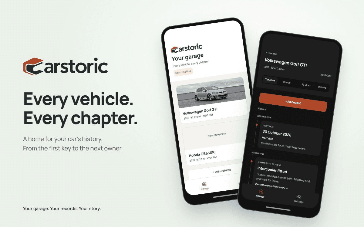 Carstoric’s garage in light mode and vehicle timeline in dark mode displayed on two phones.